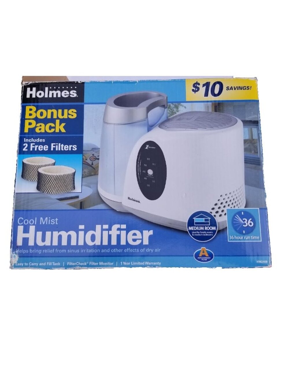 Holmes HM2409 Cool Mist Humidifier for Medium Rooms + Bonus 2 Free Filters NEW
